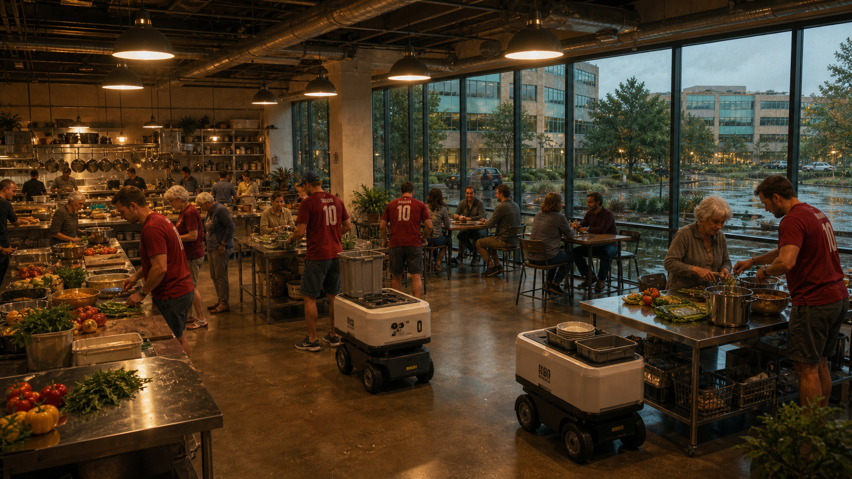 Residents and small service robots working together in a converted office cafeteria