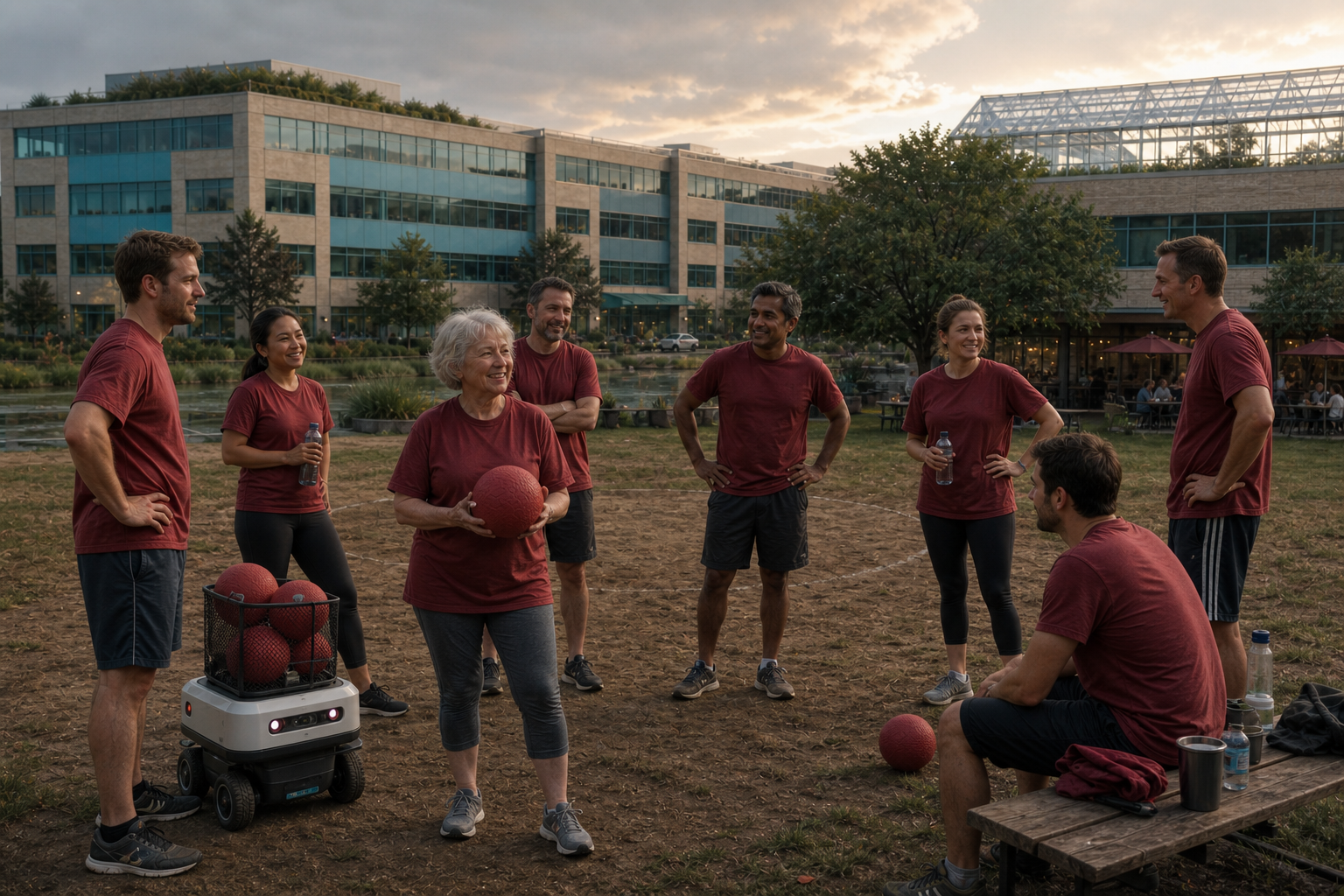 The multigenerational kickball team on their rough home field